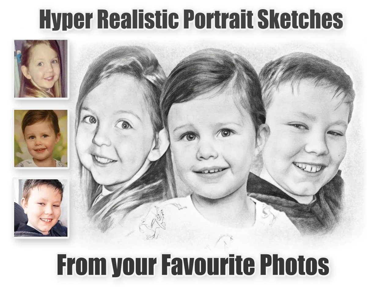 Personalised Group Sketch - Professionally created Custom Portrait From Your Photos - Artist sketching paper or canvas prints, perfect gift